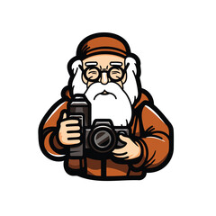 Poster - Vector illustration of a santa claus holding a camera on white background.