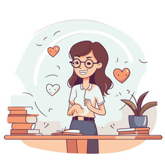 Canvas Print - Young woman studying at home. Vector illustration in a flat style.