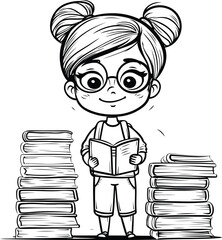 Poster - Cute Cartoon Girl Student with Books - Black and White Vector Illustration