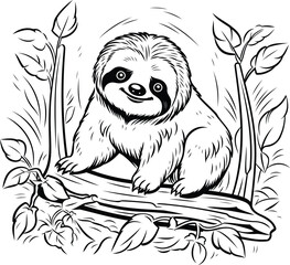 Poster - Black and white vector illustration of cute sloth sitting on tree branch