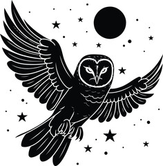 Poster - Owl with wings and stars. Vector illustration in black and white.