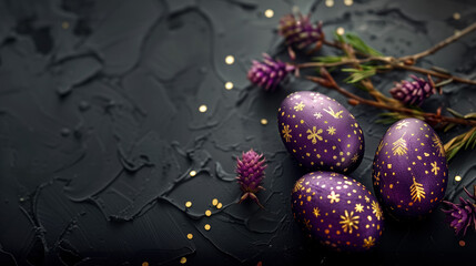 flat lay purple Easter eggs with gold decoration and floral branches on dark background. free space