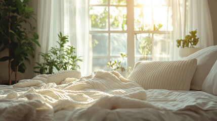 Wall Mural - Bed with white blanket and pillows in front of window, World Sleep Day concept, boho style apartment design