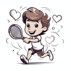 Poster - Cartoon boy playing tennis with a racket. Vector illustration on white background.