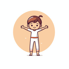 Sticker - Cute little girl cartoon character vector illustration. Happy child with hands up.