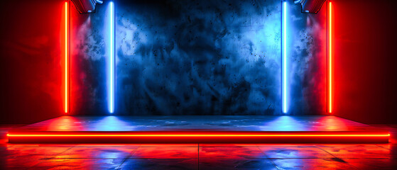 Poster - Dark Room Illuminated by Neon Floor Lights, Abstract Modern Design with a Futuristic Concept