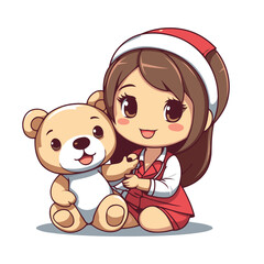 Sticker - Cute little girl with teddy bear. Cartoon vector illustration.