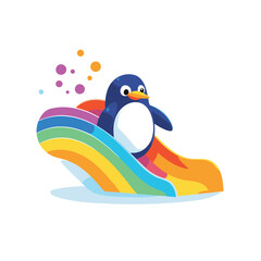 Canvas Print - Cute penguin swimming on a rainbow. Vector illustration in flat style