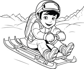 Wall Mural - Little boy sliding down a hill on a sled. black and white vector illustration