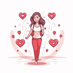 Canvas Print - Vector illustration of a beautiful woman in sportswear with hearts around her.