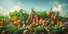 abundant array of fresh vegetables sprawls across fertile earth under a bright sky, showcasing nature's variety from crunchy carrots to plump tomatoes, signaling a feast of flavors and nutrients.