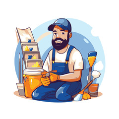 Sticker - Painter with paint bucket and brush. Vector illustration in cartoon style