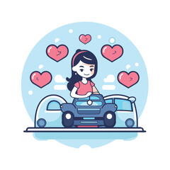 Wall Mural - Girl driving a car with hearts around her. Vector flat illustration.