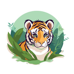 Wall Mural - Tiger with green leaves on a white background. Vector illustration.