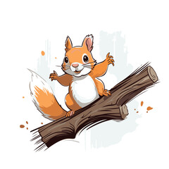 Wall Mural - Cute cartoon squirrel sitting on a tree branch. Vector illustration.