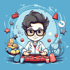 Wall Mural - Cute cartoon boy playing board game. Vector illustration in flat style