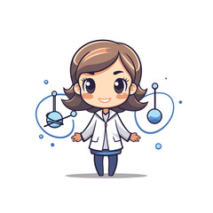 Wall Mural - Cute little girl scientist in lab coat. Vector cartoon character illustration