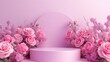 A product display podium stage featuring a pink background adorned with pink flowers