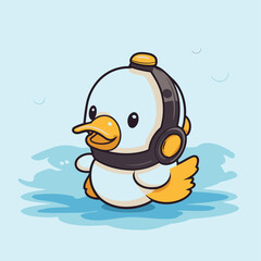 Poster - Cute cartoon penguin with headphones. Vector illustration in flat style