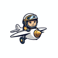 Wall Mural - Cartoon aviator boy flying with airplane. Vector illustration in cartoon style.