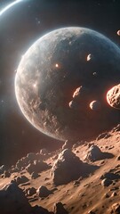 Wall Mural - asteroids flying through solar system with planet and star light