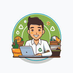 Wall Mural - Man with laptop and recycling symbol. Vector illustration in cartoon style.