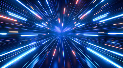 Poster - Speeding Through a Futuristic Space Tunnel, Blue Neon Lights and Energy Lines Creating a Dynamic Motion Effect