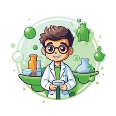 Sticker - Cartoon scientist in lab coat and glasses holding flask. Vector illustration