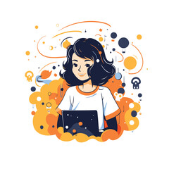 Sticker - Vector illustration of a girl with a laptop on a colorful background.