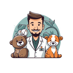 Sticker - Veterinarian cartoon character with dogs and cats vector illustration graphic design