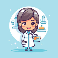 Sticker - Cartoon girl doctor holding medicine and healthcare equipment. Vector illustration.