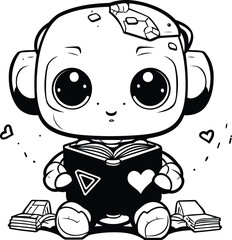 Poster - Black and White Cartoon Illustration of Cute Baby Boy Reading a Book