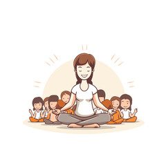 Canvas Print - Pregnant woman meditating with her family. Vector illustration.