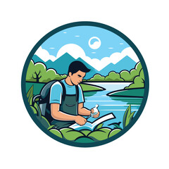 Canvas Print - Hiker man reading a book by the lake. Vector illustration.