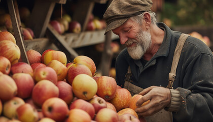 Artisan cider maker inspecting apple varieties in rustic farm environment - wide format