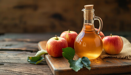 Canvas Print - Apple cider vinegar and mother culture on wooden countertop with apples - wide format