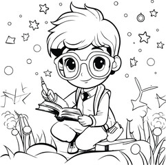 Canvas Print - Cute boy reading a book. Black and white vector illustration for coloring book.