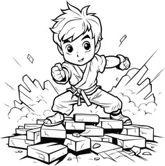 Sticker - Black and White Cartoon Illustration of Kid Boy Climbing a Wall of Boxes for Coloring Book