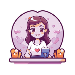 Sticker - Cute girl using laptop at home. Vector illustration in cartoon style.