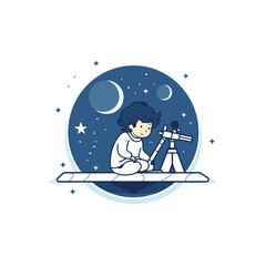 Wall Mural - Cute boy sitting on the moon and looking at the telescope. Vector illustration.