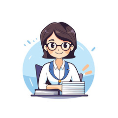 Wall Mural - Cartoon female doctor in glasses sitting at the table with books. Vector illustration.