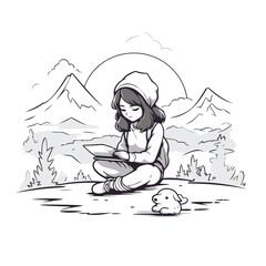 Sticker - Girl sitting on the grass and reading a book in the mountains.