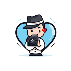 Sticker - Photographer Man with Camera in Heart Shape - Vector Icon Illustration