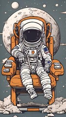 Wall Mural - cartoon astronaut resting in a chair on moon background