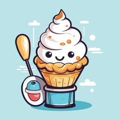 Wall Mural - Cute ice cream cupcake cartoon vector illustration. Mascot character design