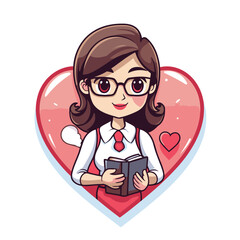 Poster - Cute cartoon school girl with book and heart. Vector illustration.