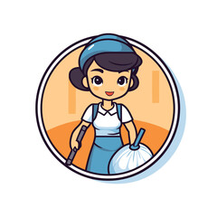 Sticker - Cleaning lady in round icon. Cleaning service logo. Vector illustration.