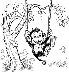 Sticker - Monkey swinging on a swing. black and white vector illustration.