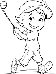 Poster - Illustration of a Boy Playing Golf on a Golf Course - Coloring Book