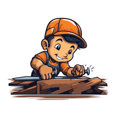 Canvas Print - Vector illustration of a construction worker with a hammer and nails in his hand.